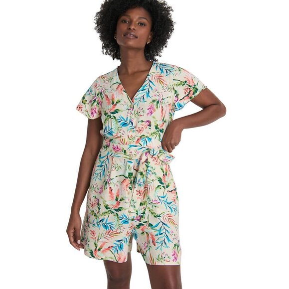 Lands' End NWOT Flutter Sleeve Linen Romper Antique Alabaster FloralPalm Size 12 - Picture 1 of 13